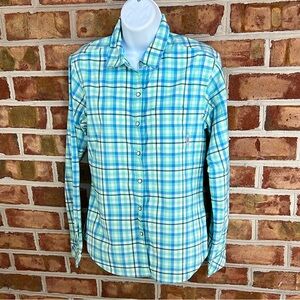 Stio Blue and Green plaid Button Down Shirt Lightweight Casual Top. Size Small